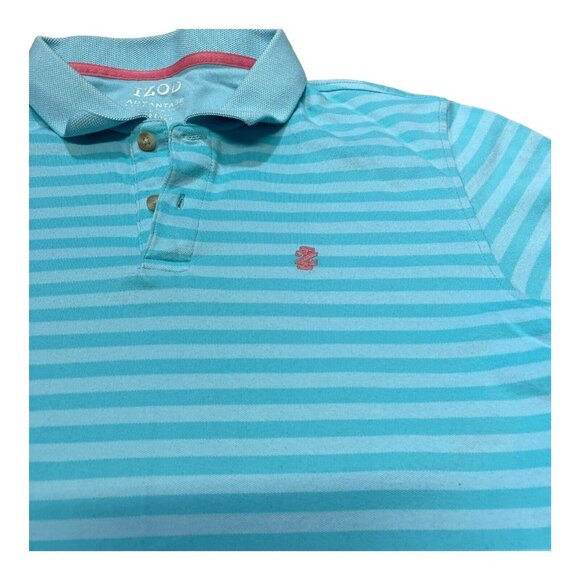 Izod Golf Men's Blue Striped Polo Collar Shirt Size Large Pink Logo Casual Sport - Picture 2 of 5